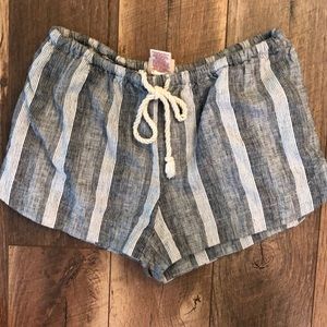 beachy gray stripped shorts with cream rope tie